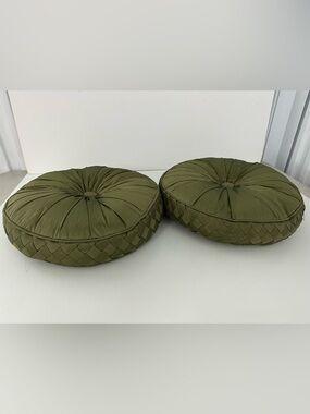 Round Olive Green Tufted Throw Pillows - Pair